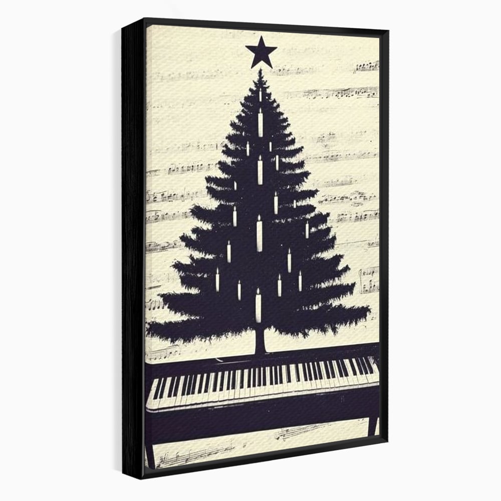 Tablou canvas cu tablou canvas cu brad din clape de pian, in rama de aluminiu negru